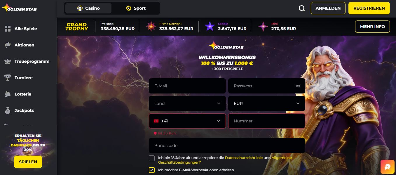 Registrieren Sie sich und erhalten Sie Willkommensbonus Golden Star
